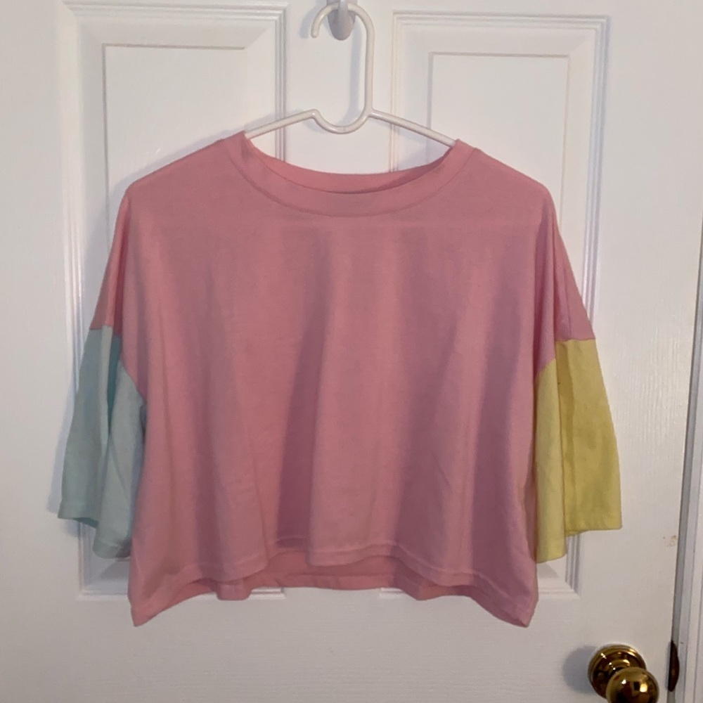 Multicolor Patchwork Short Sleeve Crop Top Size L… - image 1